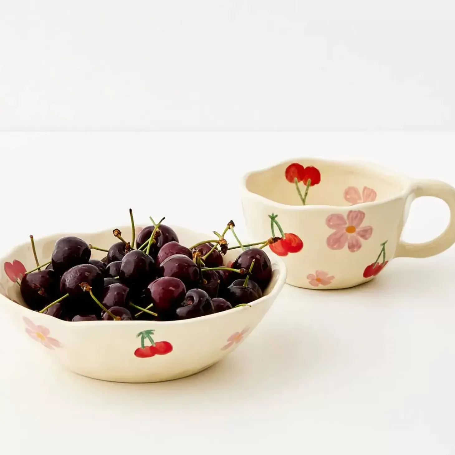 Painted Cherry Ceramic Bowl Red