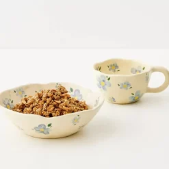 Painted Daisy Ceramic Bowl Blue